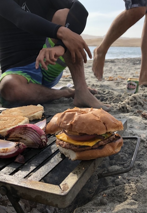 Hamburgers on a hand crafted grill post kite session, yes please!